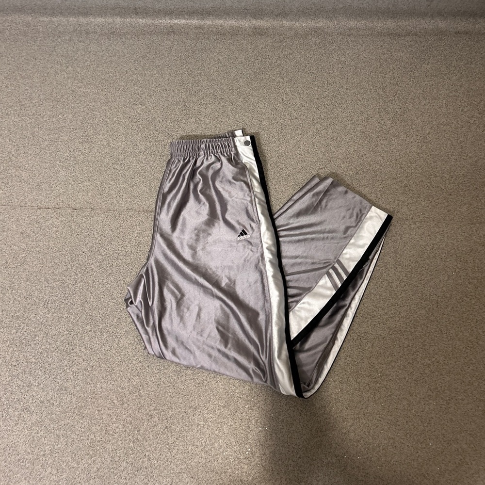 90s Vintage Adidas Baggy Silver Black & White Lined Tear Away Pants - Picture 4 of 7